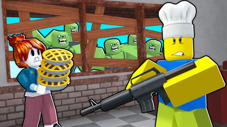 Bake or Die — chef holding M16 rifle in front of barricaded windows with green zombies trying to break in, second player holding stack of pies
