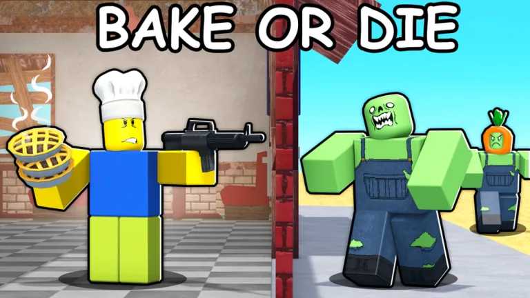 Bake or Die promo art with chef holding submachine gun versus an obese green zombie and a carrot-headed zombie