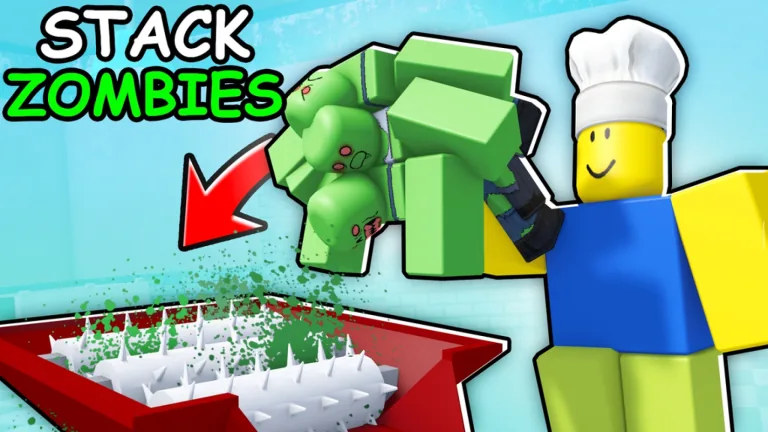 Bake or Die spike trap kill — chef knocks zombie onto bloody indoor spike machine, captioned STACK ZOMBIES