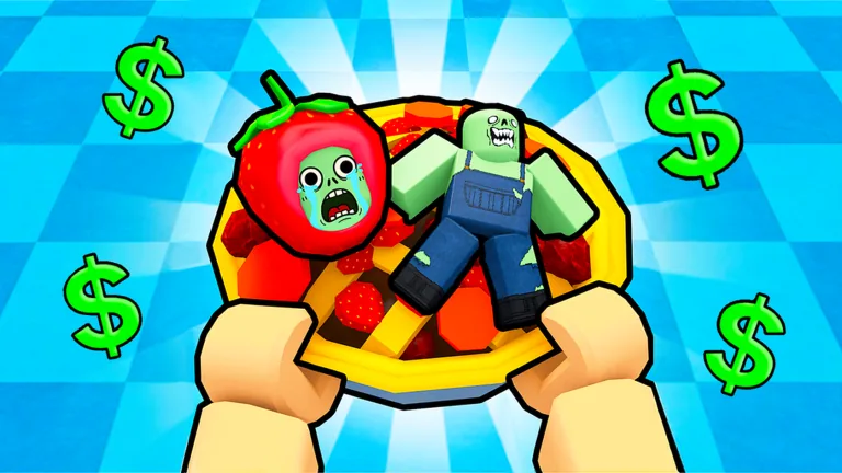 Bake or Die first-person POV holding a six-ingredient pie with strawberry-headed zombie and crawling zombie meat as filling, cash signs floating
