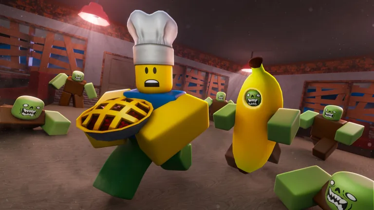 Bake or Die diner trade — chef stacking pies for sale to a straw-hat NPC customer paying in cash, captioned STACK THE PIES